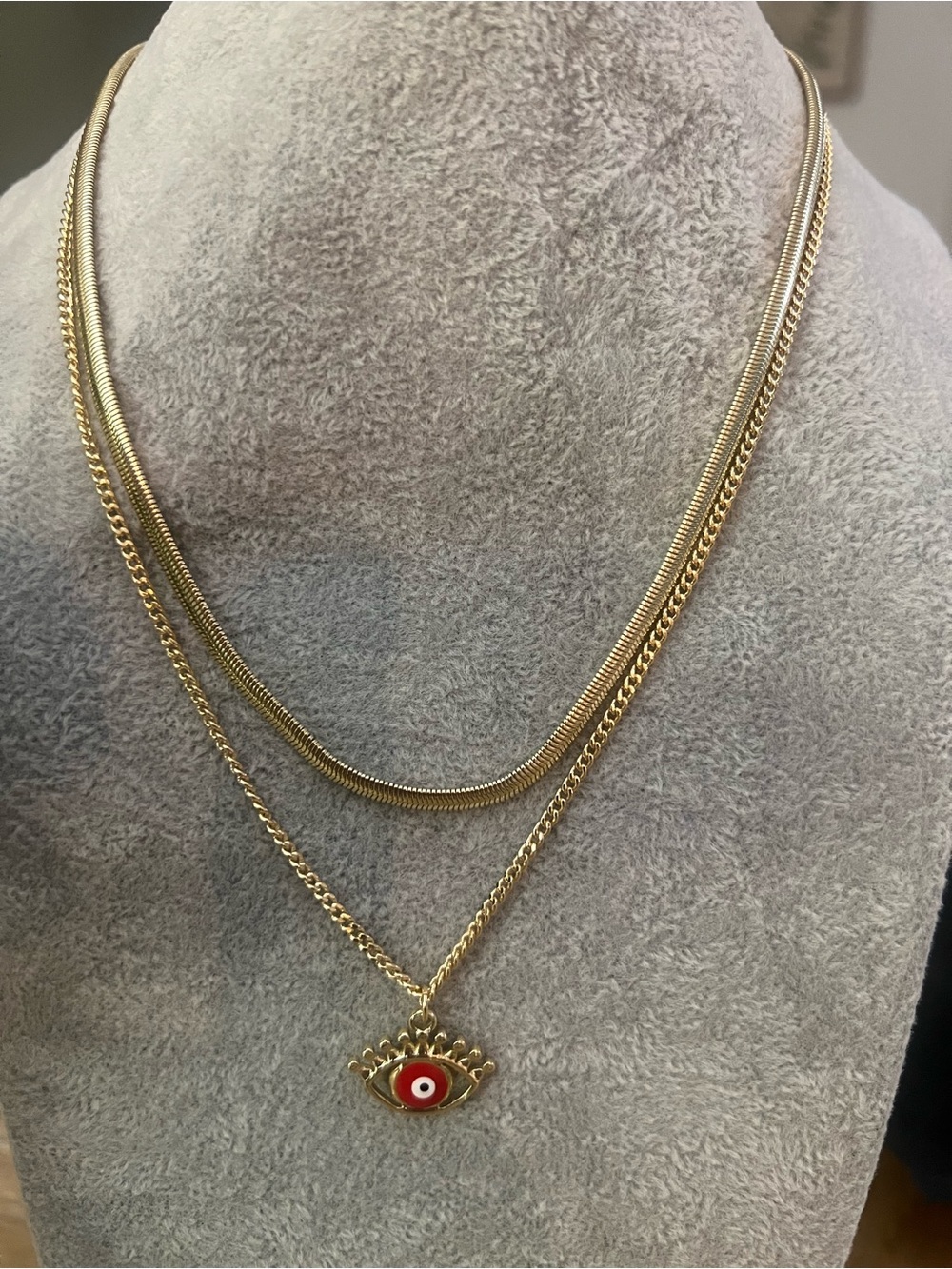 Gold Layered Necklace with Red Evil Eye Pendant -
